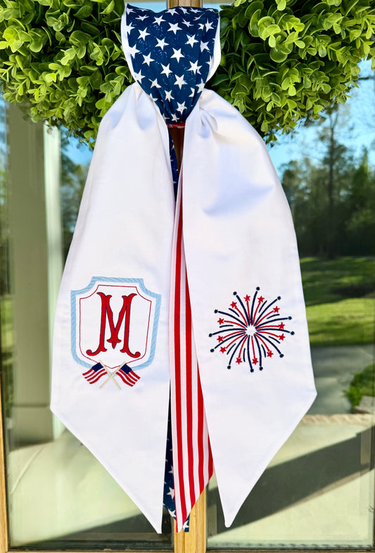 Patriotic Crest & Fireworks Double Wreath Sash | White w/ Stars & Stripes
