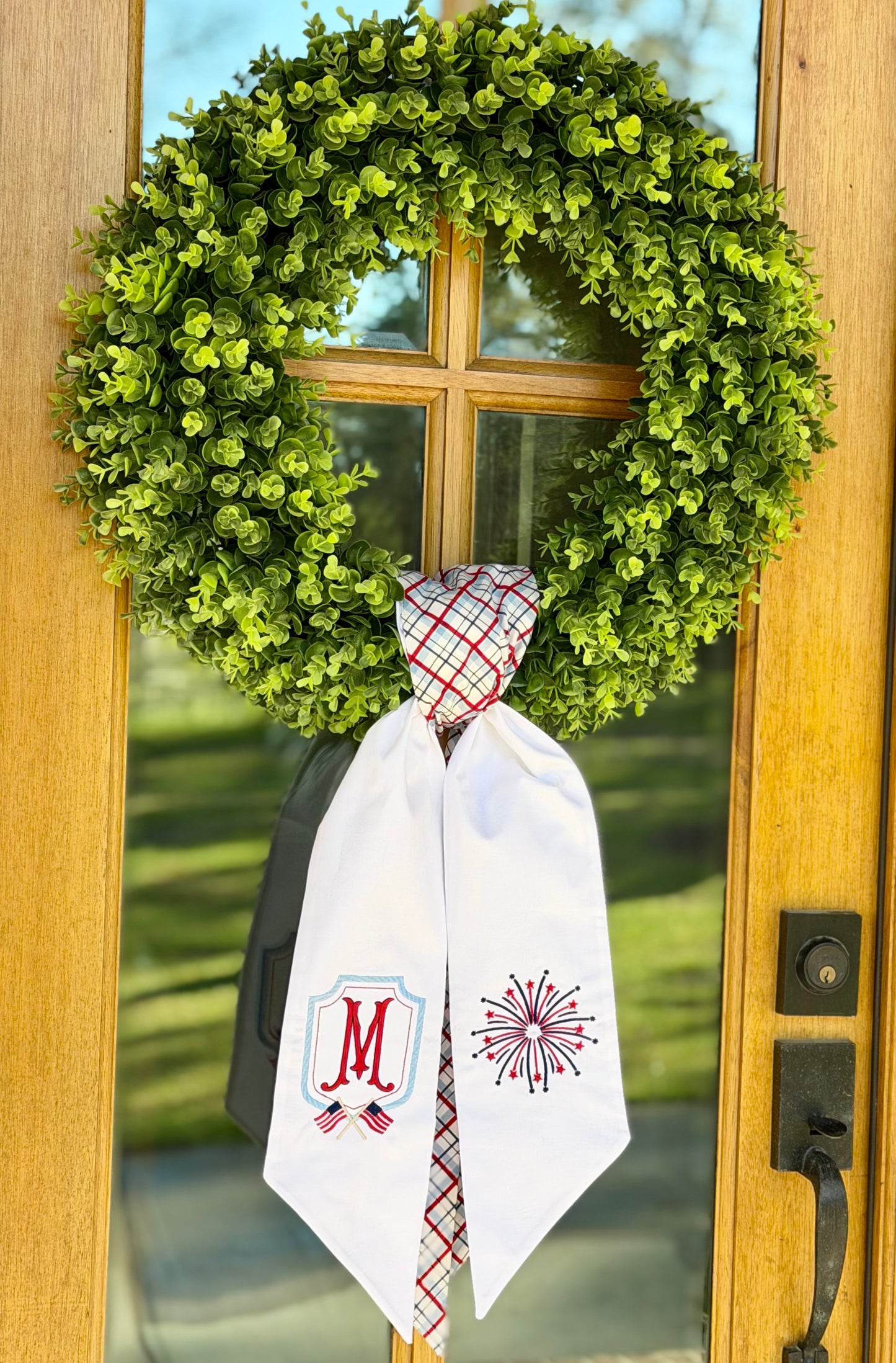 Patriotic Crest & Fireworks Double Wreath Sash | White w/ Patriotic Bias Plaid