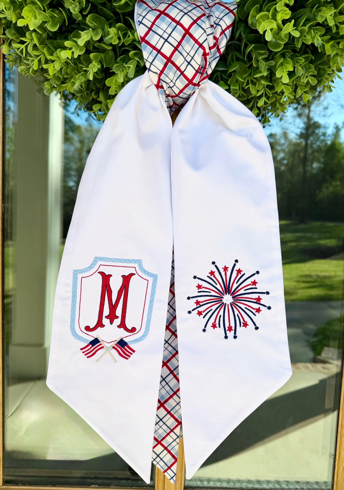 Patriotic Crest & Fireworks Double Wreath Sash | White w/ Patriotic Bias Plaid