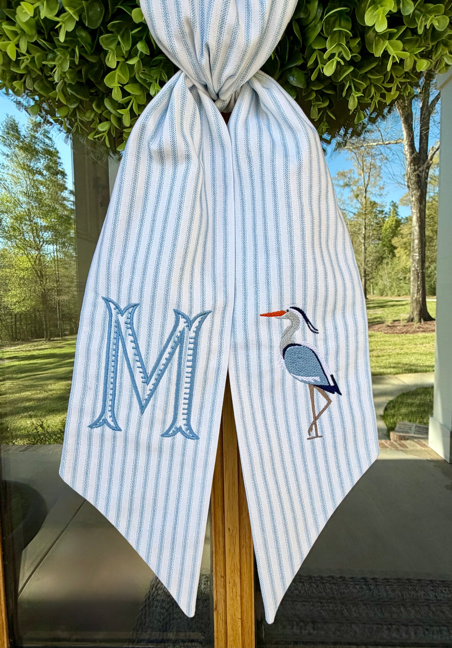 Blue Heron Wreath Sash | Light Blue Ticking