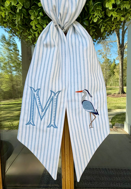 Blue Heron Wreath Sash | Light Blue Ticking