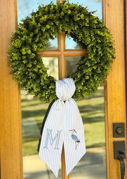 Blue Heron Wreath Sash | Light Blue Ticking