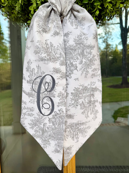 Classic Initial Wreath Sash | Light Grey Toile