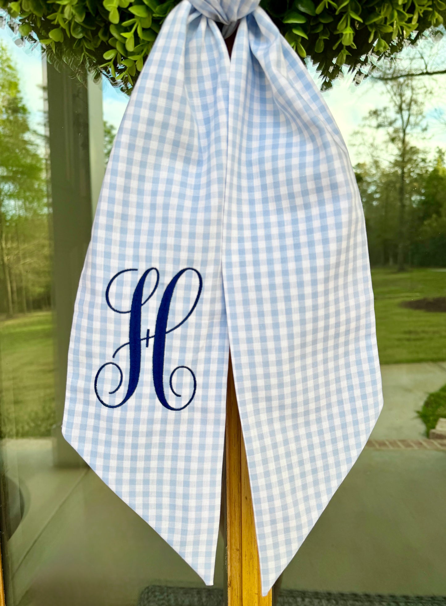 Classic Initial Wreath Sash | Light Blue 1/4" Gingham