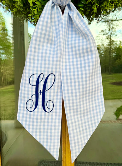 Classic Initial Wreath Sash | Light Blue 1/4" Gingham
