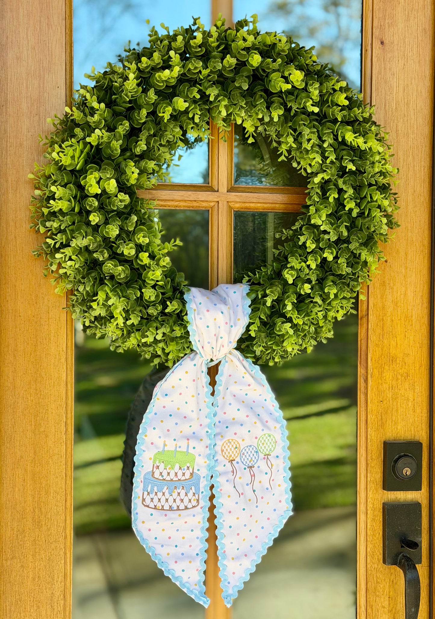 Let's Celebrate Birthday Wreath Sash | Confetti Dot w/ Blue Rick Rack