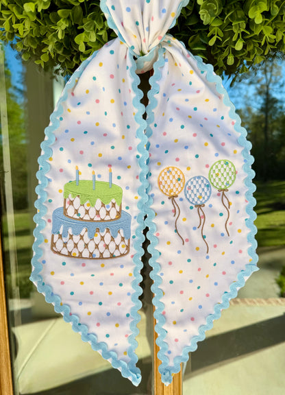 Let's Celebrate Birthday Wreath Sash | Confetti Dot w/ Blue Rick Rack