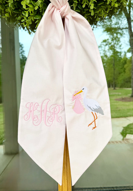 Stork & Baby Initials Monogram Wreath Sash | Light Pink