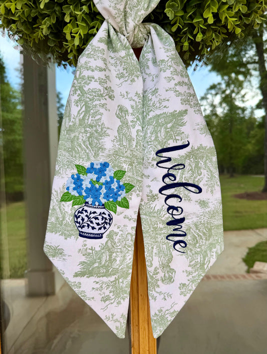 Hydrangea Welcome Wreath Sash | Sage Green Toile