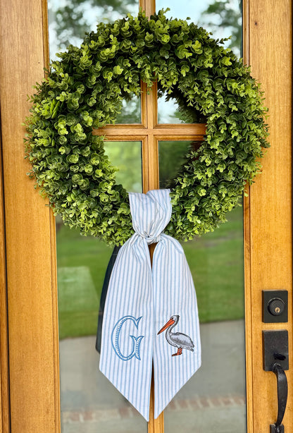 Coastal Pelican Wreath Sash | Light Blue Ticking