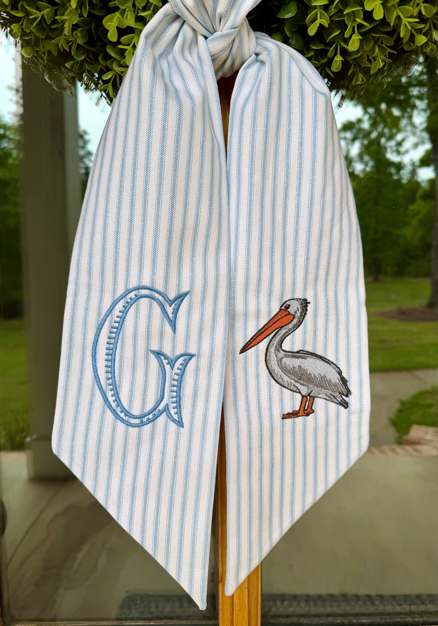 Coastal Pelican Wreath Sash | Light Blue Ticking