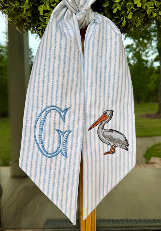 Coastal Pelican Wreath Sash | Light Blue Ticking