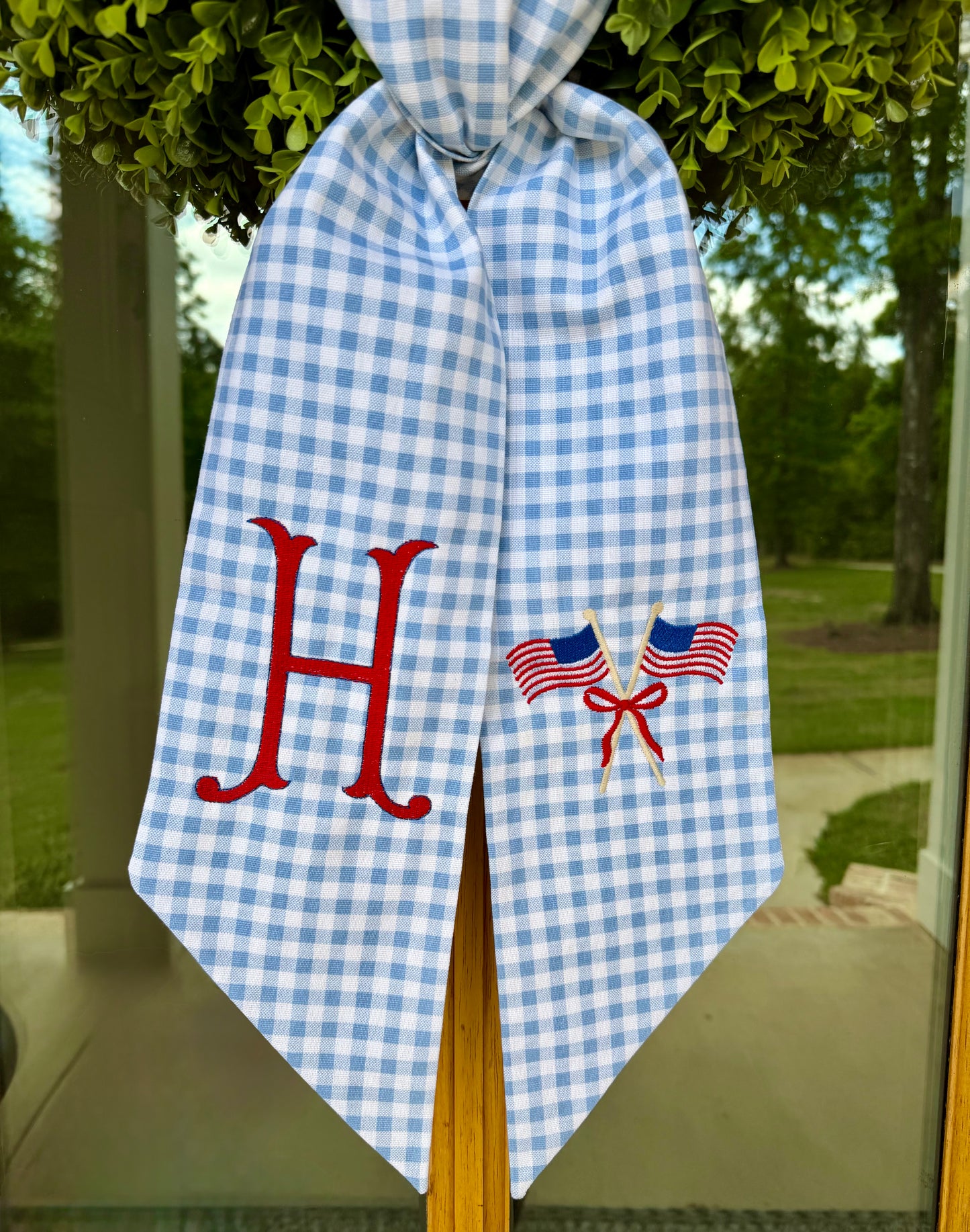Patriotic Double Flag Wreath Sash | Light Blue 1/4" Gingham