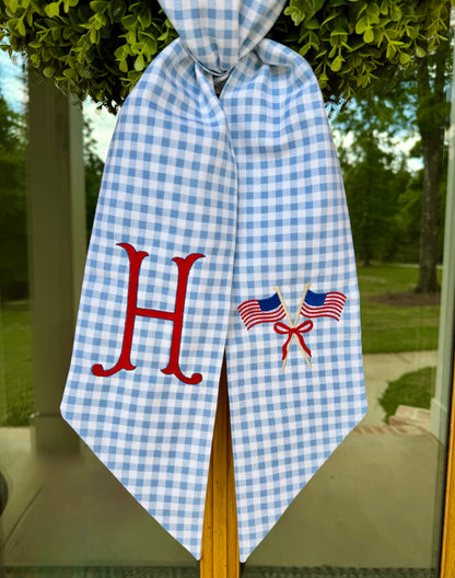 Patriotic Double Flag Wreath Sash | Light Blue 1/4" Gingham