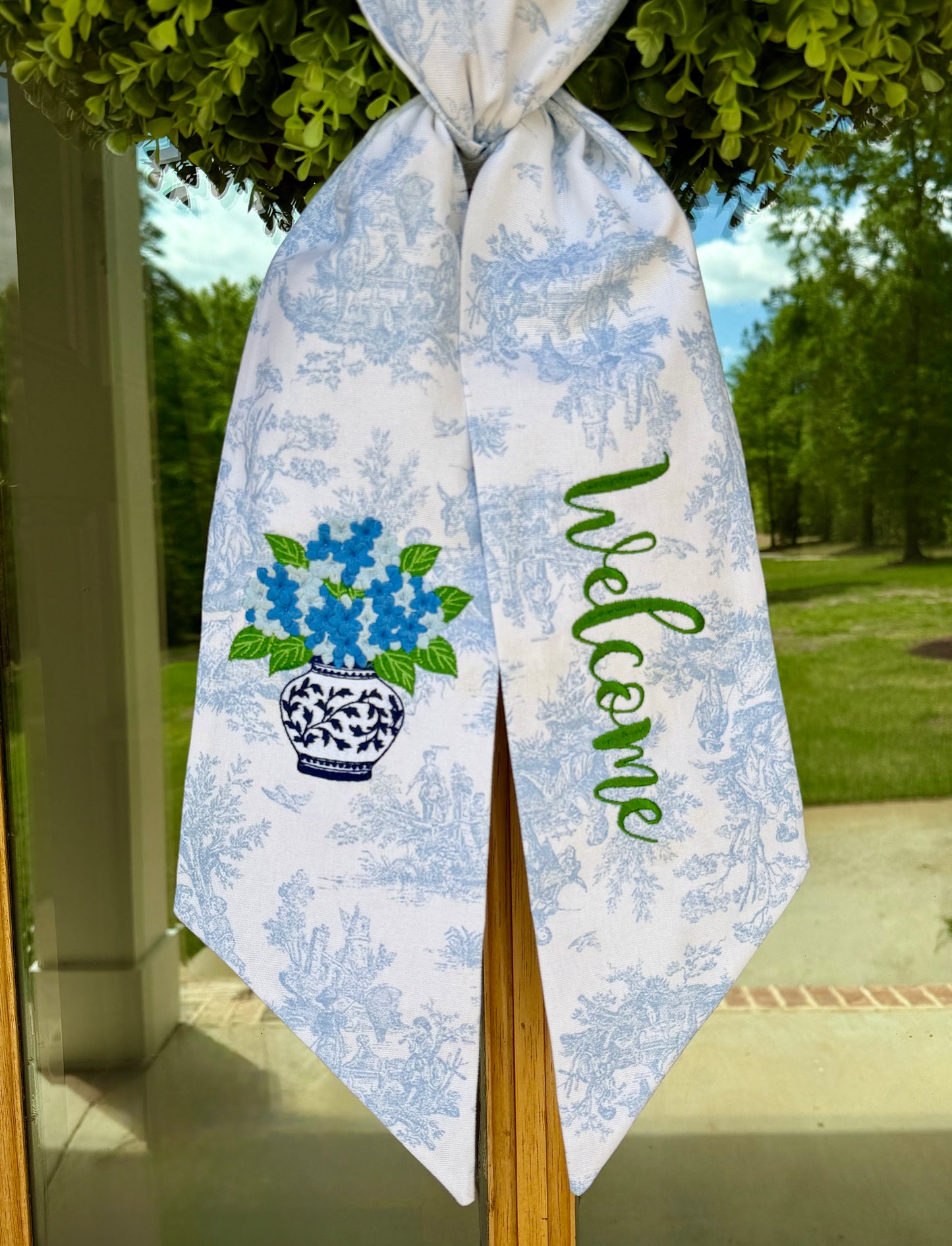 Hydrangea Welcome Wreath Sash | Light Blue Toile