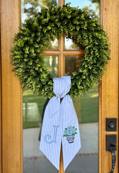 Hydrangea Initial Wreath Sash | Light Blue Ticking
