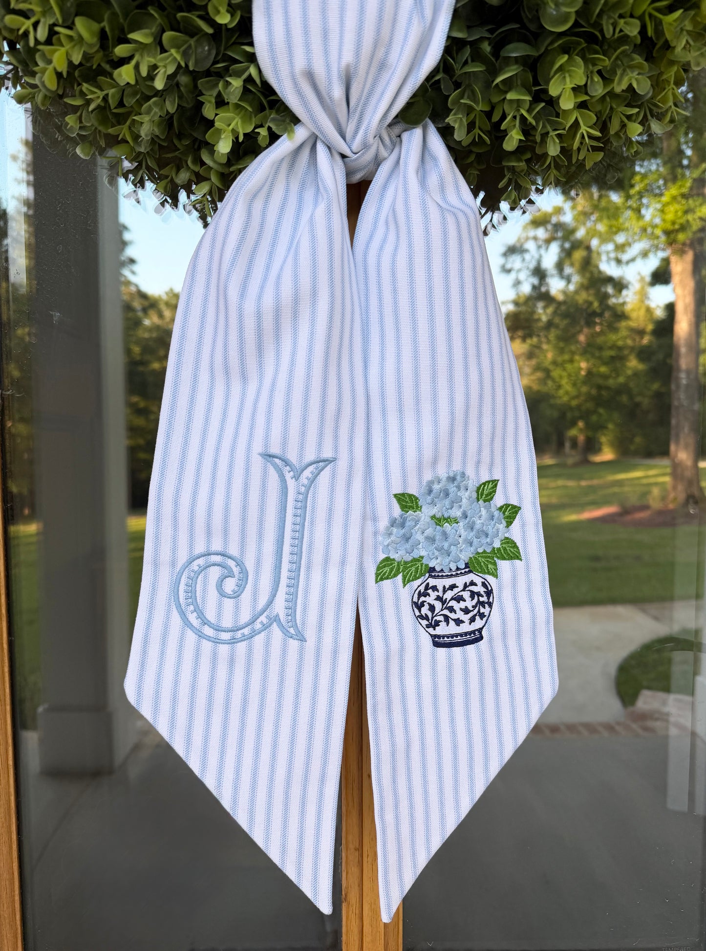 Hydrangea Initial Wreath Sash | Light Blue Ticking