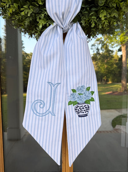 Hydrangea Initial Wreath Sash | Light Blue Ticking
