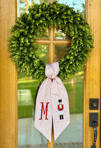 Red & White Christmas Nutcracker Wreath Sash | Red Ticking