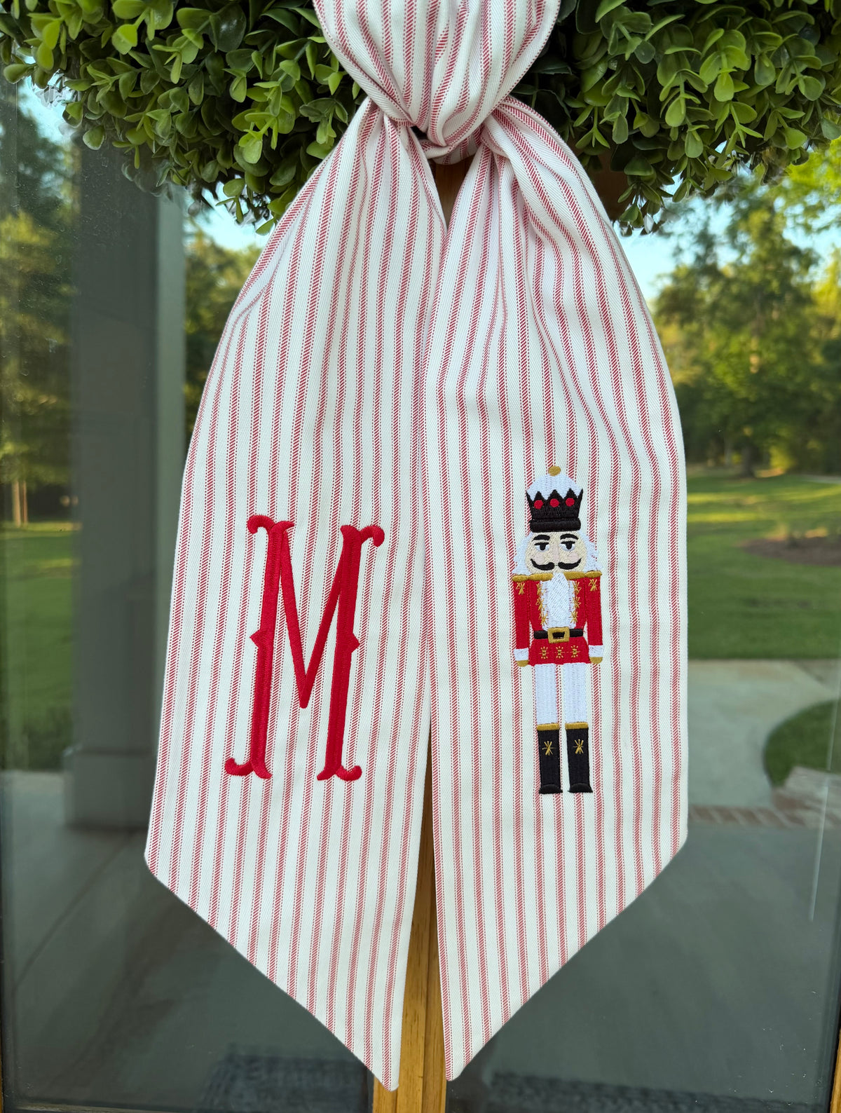 Red & White Christmas Nutcracker Wreath Sash | Red Ticking