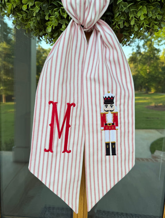 Red & White Christmas Nutcracker Wreath Sash | Red Ticking