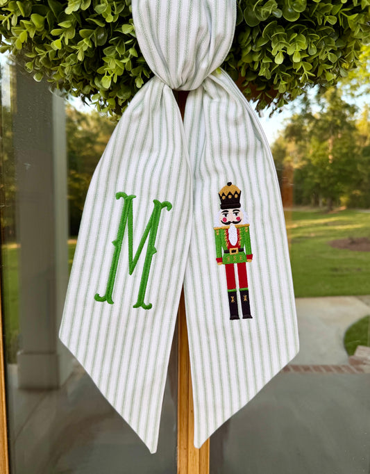 Bright Green & Red Christmas Nutcracker Wreath Sash | Green Ticking