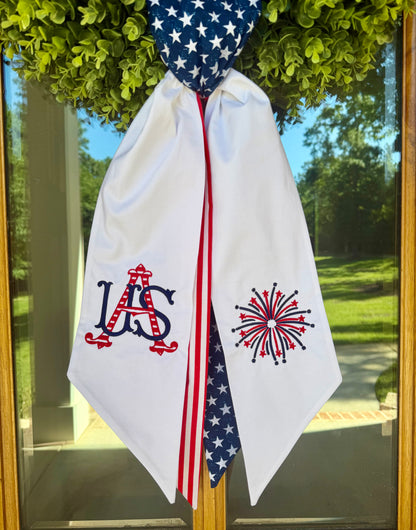 USA & Fireworks Double Wreath Sash | White w/ Stars & Stripes