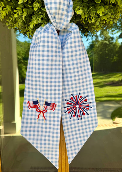 Flags & Fireworks Wreath Sash | Light Blue 1/4" Gingham