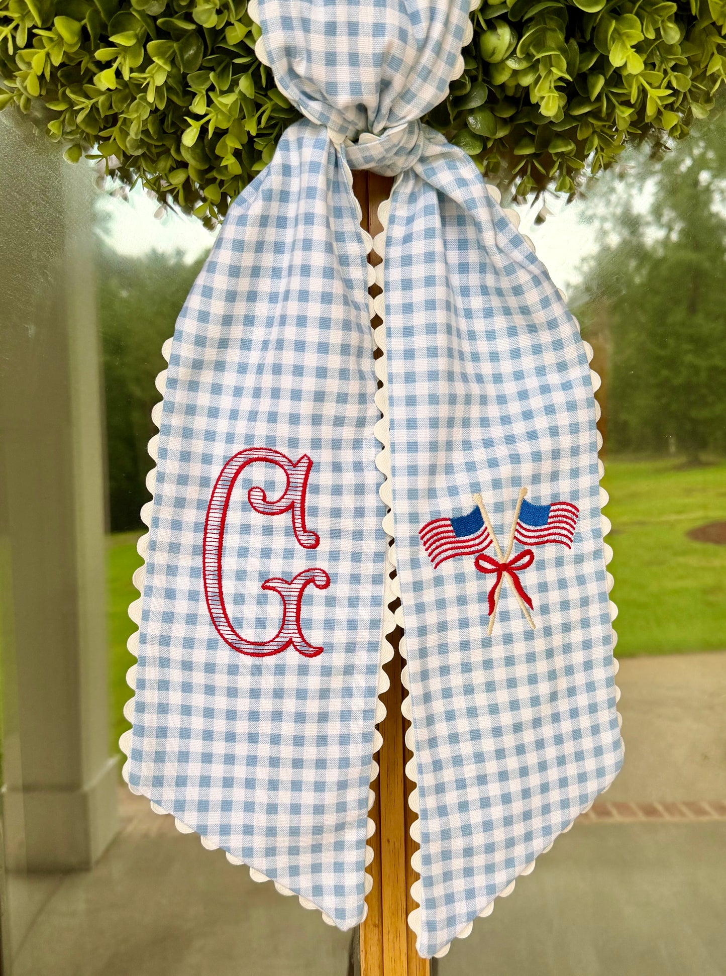 Patriotic Flags & Monogram Wreath Sash | Light Blue 1/4" Gingham w/ Cream Rick Rack