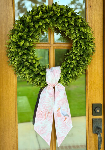 Stork & Baby Initials Monogram Wreath Sash | Pink Toile