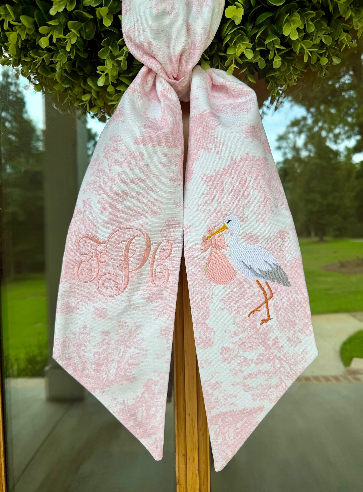 Stork & Baby Initials Monogram Wreath Sash | Pink Toile