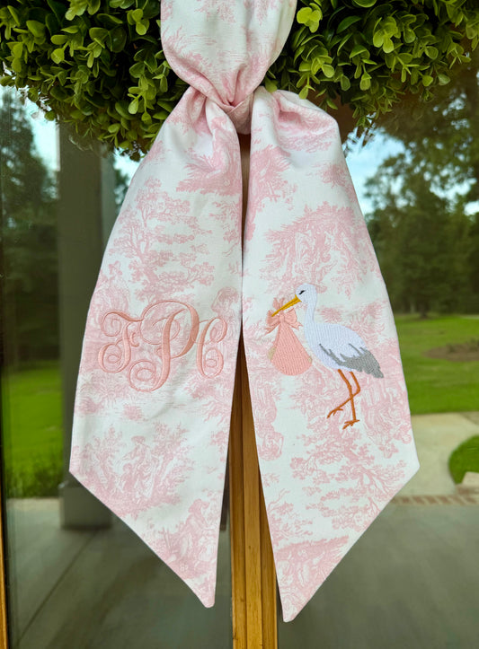 Stork & Baby Initials Monogram Wreath Sash | Pink Toile