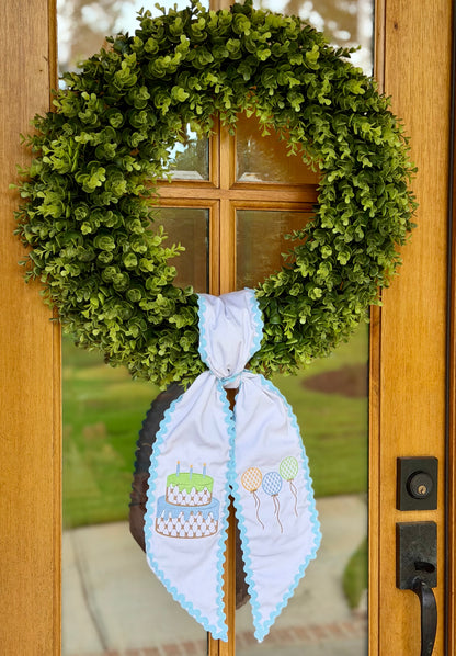 Let's Celebrate Birthday Wreath Sash | White w/ Light Blue Rick Rack