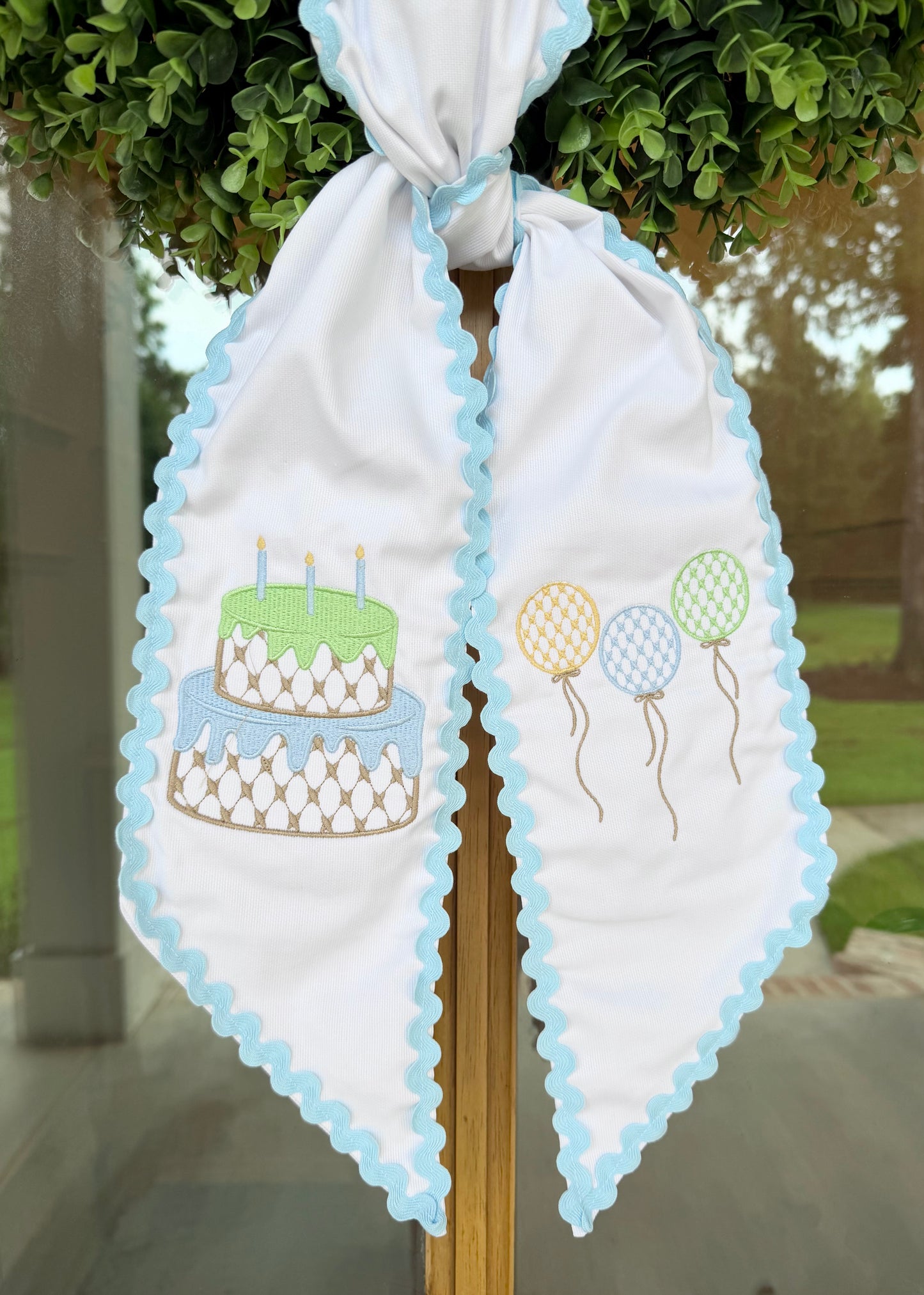 Let's Celebrate Birthday Wreath Sash | White w/ Light Blue Rick Rack