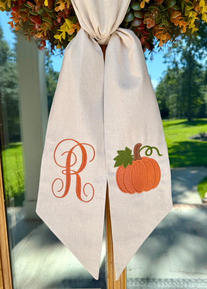 Pumpkin Initial Wreath Sash | Natural Tan