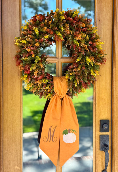 White Pumpkin Monogram Wreath Sash | Autumn Gold