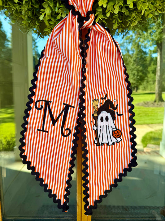 Halloween Ghost Wreath Sash | Orange Stripe w/ Black Rick Rack