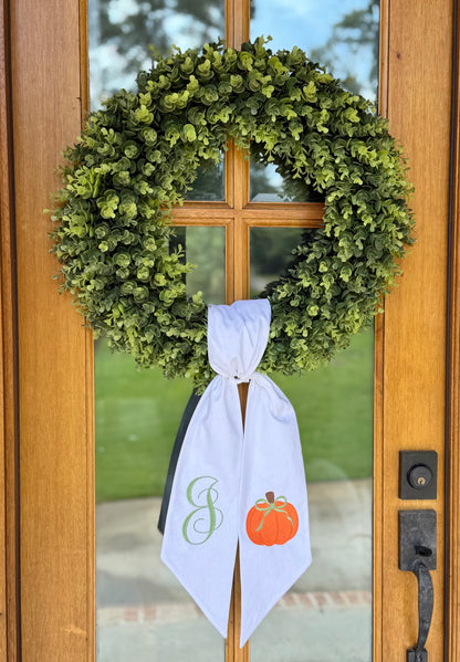 Pumpkin & Bow Monogram Wreath Sash | White w/ Green Monogram