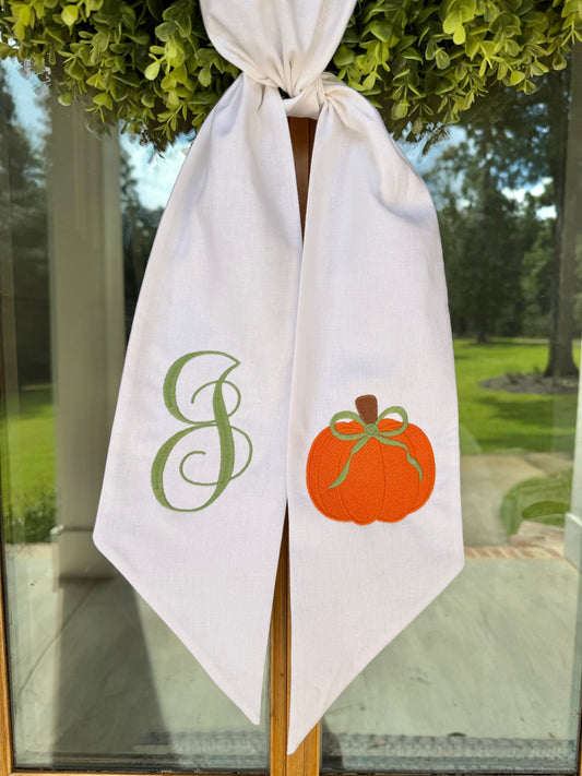 Pumpkin & Bow Monogram Wreath Sash | White w/ Green Monogram
