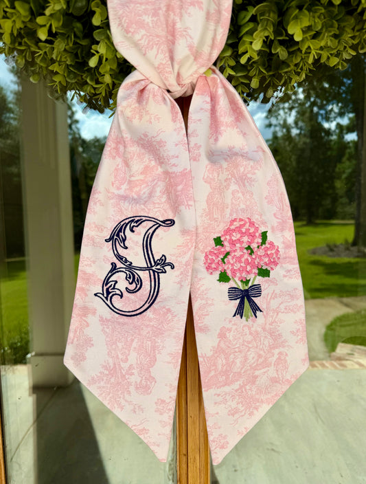 Hydrangea Bouquet Wreath Sash | Pink Toile