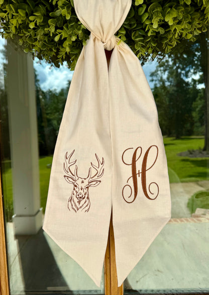 Deer Monogram Wreath Sash | Natural Linen