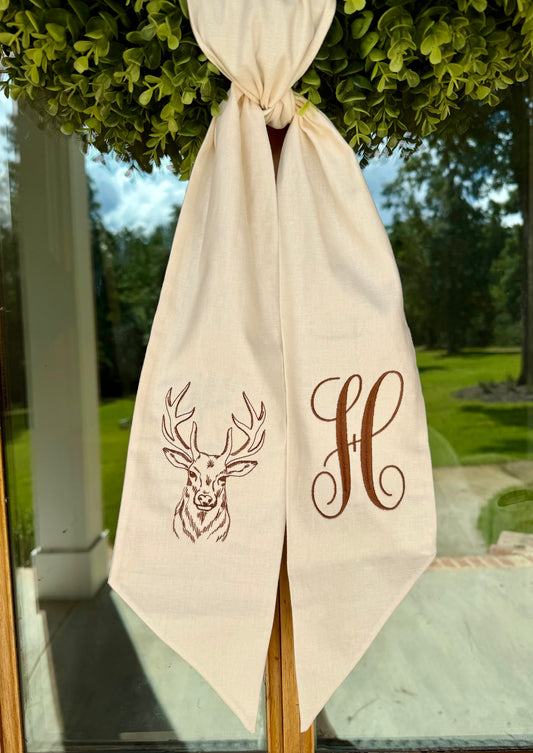 Deer Monogram Wreath Sash | Natural Linen