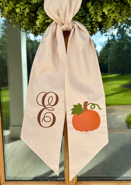 Orange Pumpkin Monogram Wreath Sash | Natural Tan