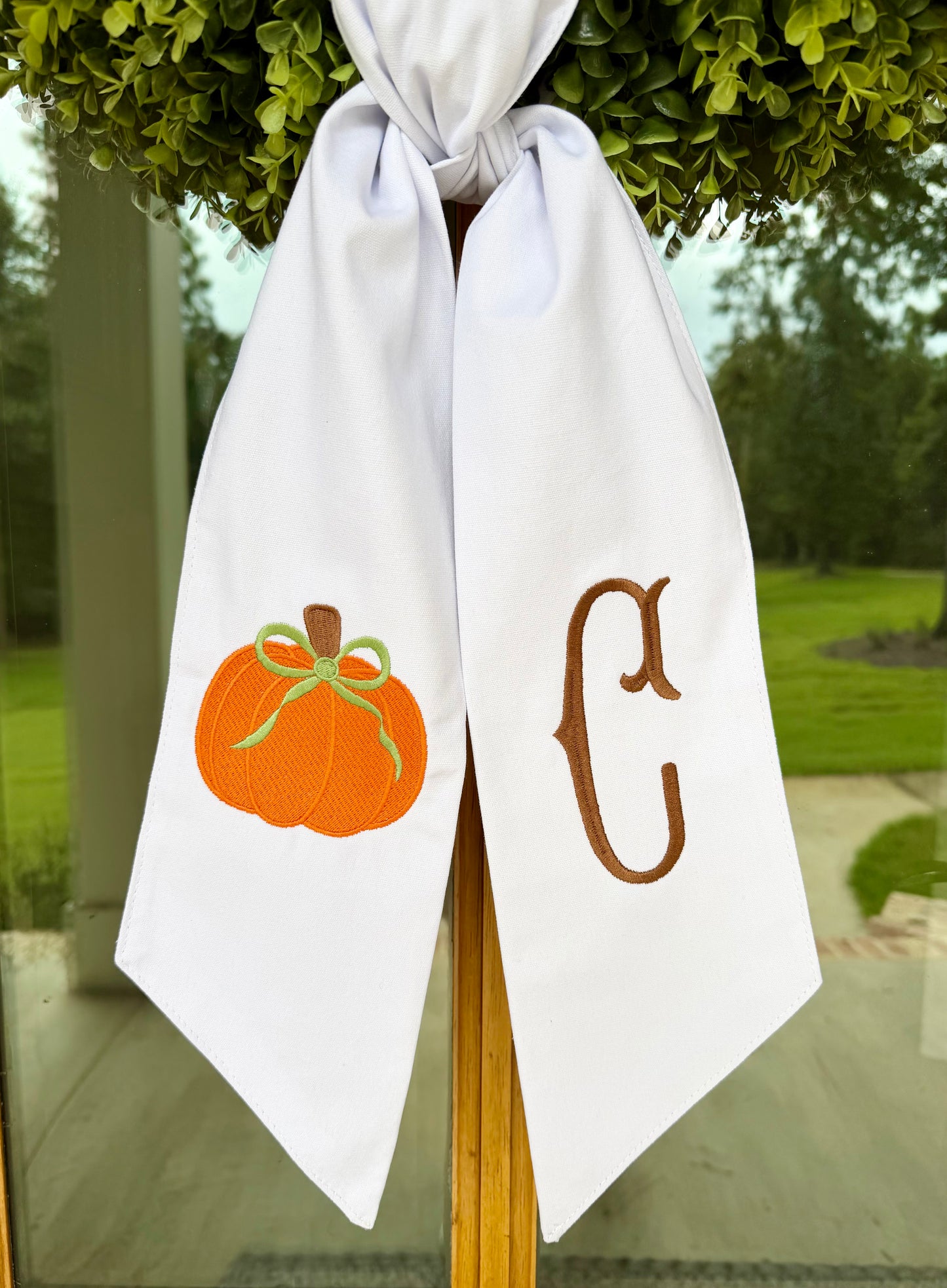 Pumpkin & Bow Monogram Wreath Sash | White w/ Brown Monogram