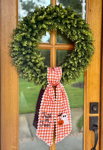 Trick or Treat Ghost Halloween Wreath Sash | Orange 1/4" Gingham w/ Cream Rick Rack