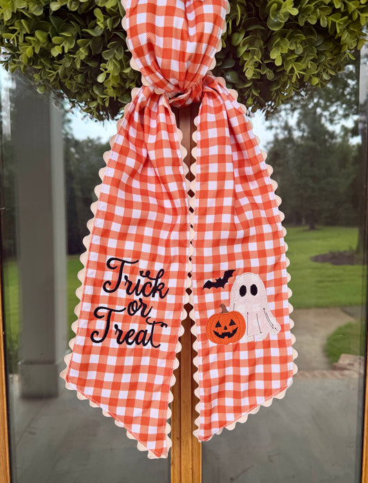 Trick or Treat Ghost Halloween Wreath Sash | Orange 1/4" Gingham w/ Cream Rick Rack