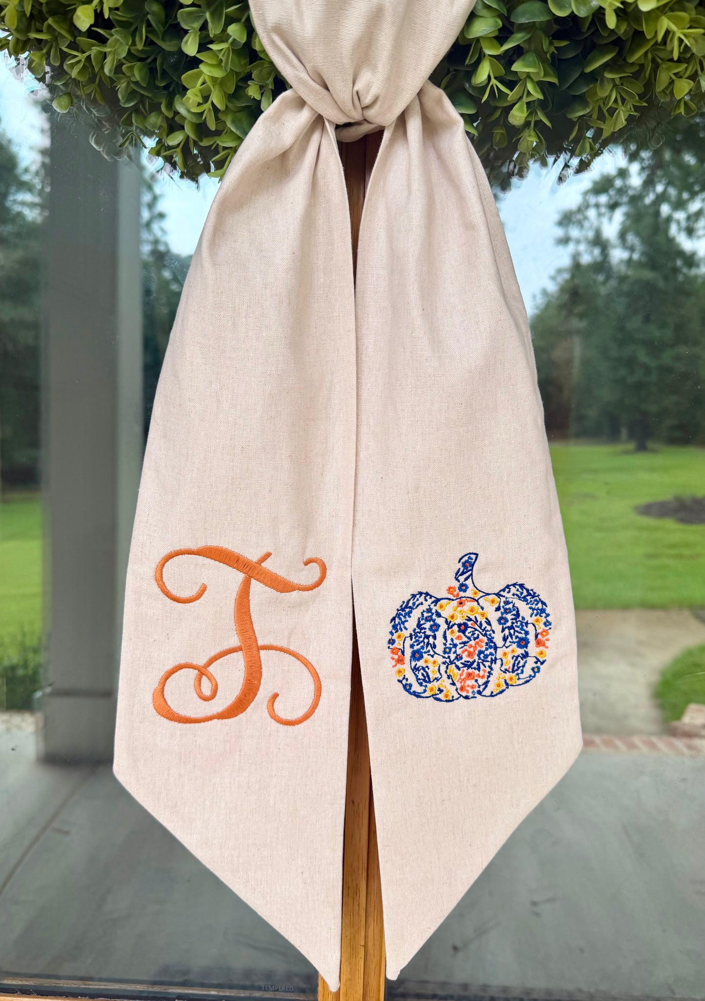 Chinoiserie Pumpkin Monogram Wreath Sash | Natural Tan