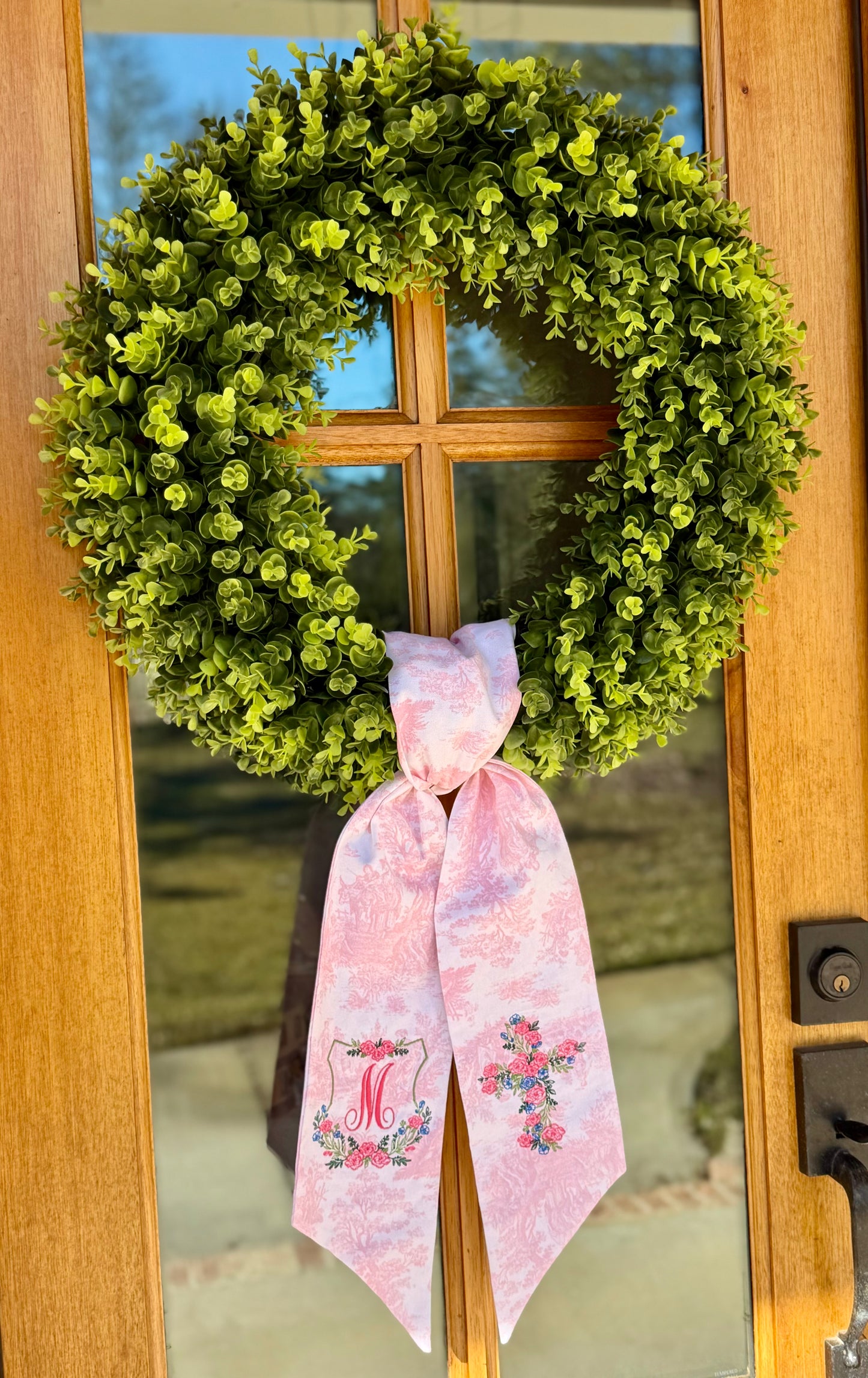 Floral Crest & Cross Wreath Sash | Pink Toile