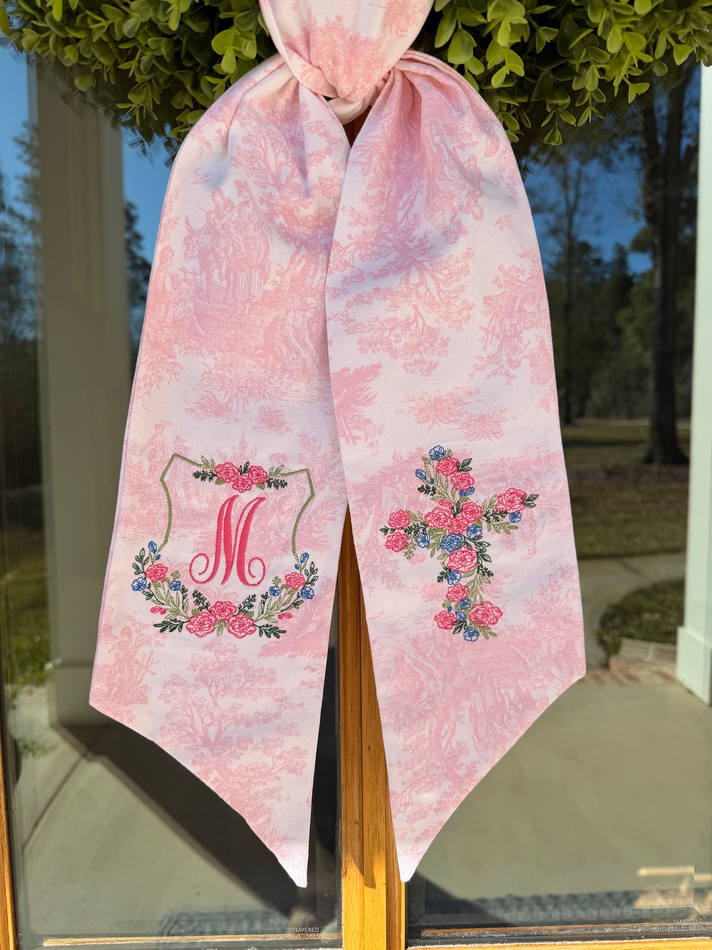 Floral Crest & Cross Wreath Sash | Pink Toile