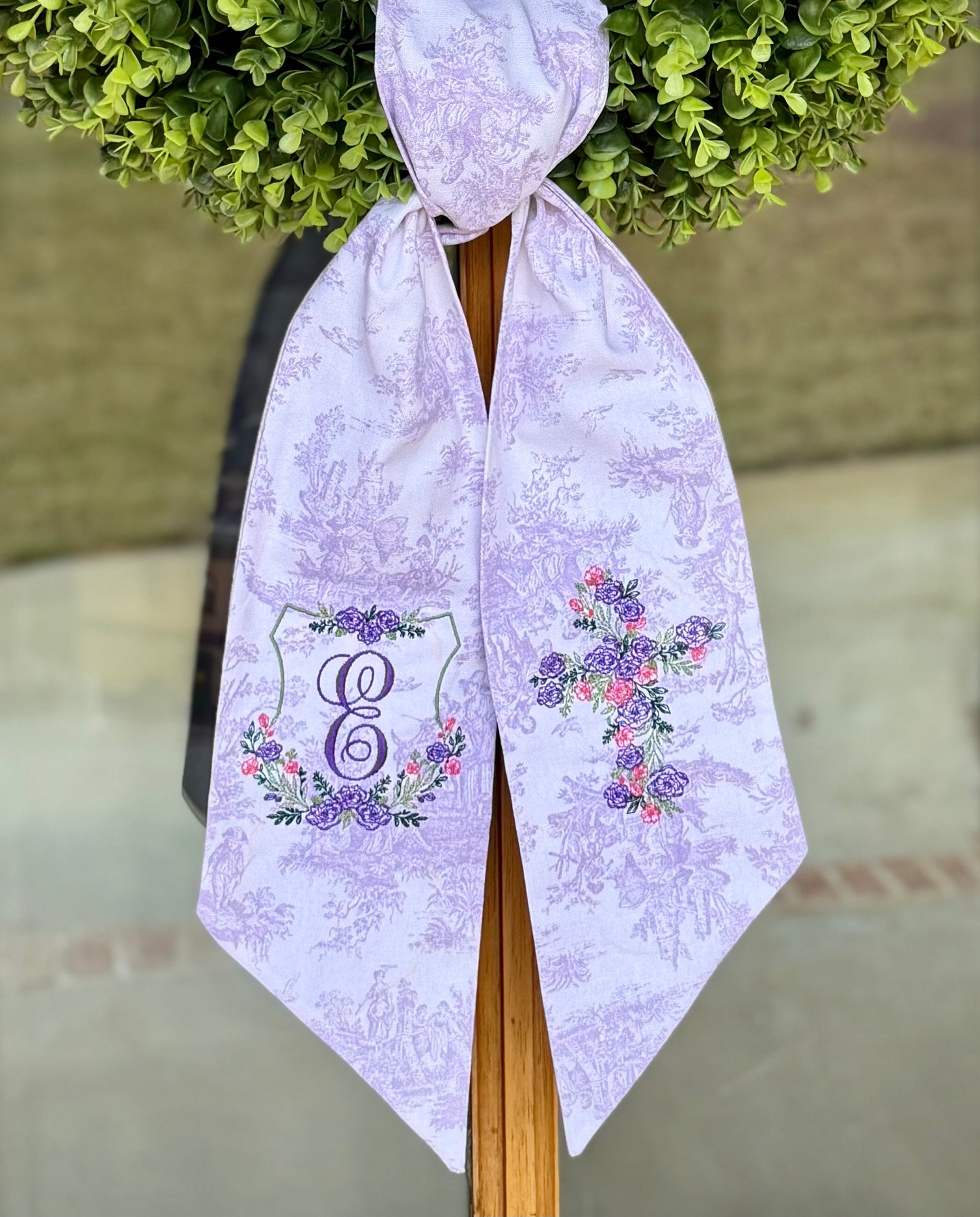 Floral Crest & Cross Wreath Sash | Lavender Toile